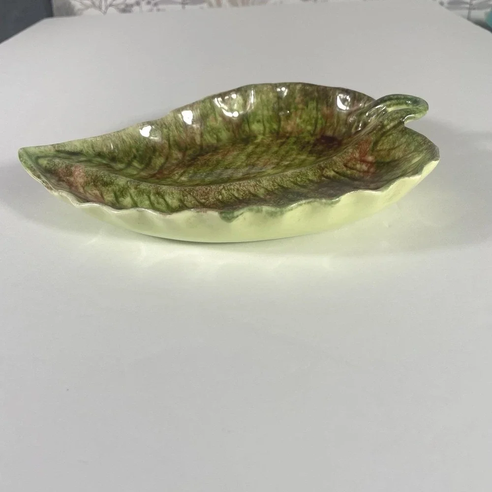 Vintage Jamieson's‎ California Pottery Leaf Dish Green Burgundy Glazed Ceramic